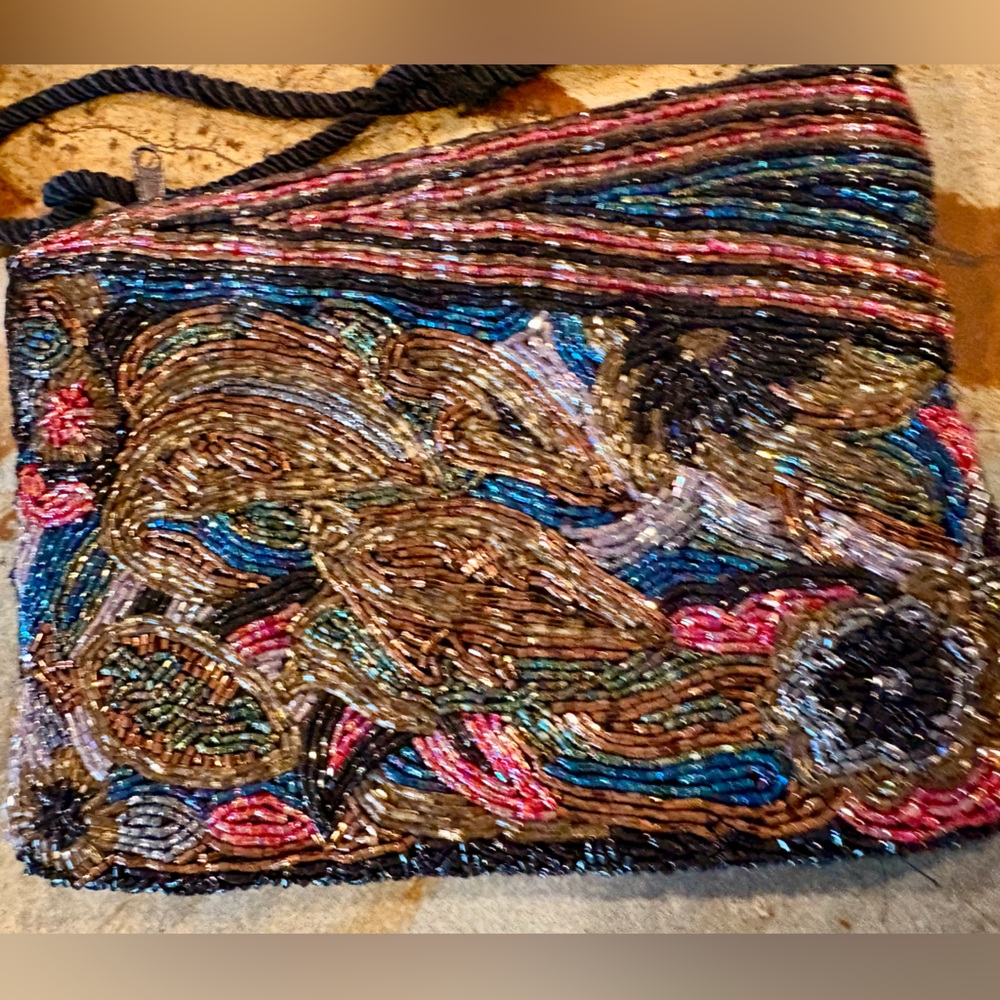 Vintage Beaded Crossbody Clutch Purse 🖤 ❤️Black Multicolored Evening Zip Close